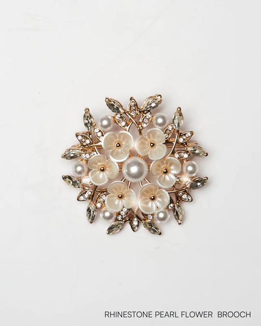 RHINESTONE PEARL FLOWER BROOCH